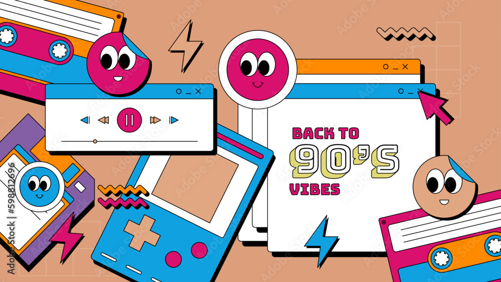 vector hand drawn flat nostalgic 90's badges collection vector hand drawn flat nostalgic 90's badges collection