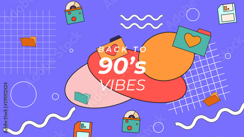 Retro square banner or card with old computer aesthetic frames for quotes, text. Vintage 70s, 80s, 90s Vibes Art. Trendy Colorful bright background with smile, geometric shapes, heart. Linear Vector