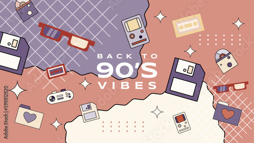 90s vibes set. Trendy 1990s elements collection. Retro technic, things, entertainment and music equipment isolated on colorful background. Back to 90s vector flat illustration