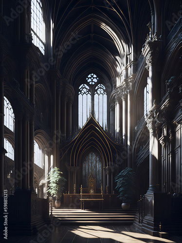 Interior of Majestic Church Christian, Shiny, Natural Lighting, Heavenly, Illustration Generative AI