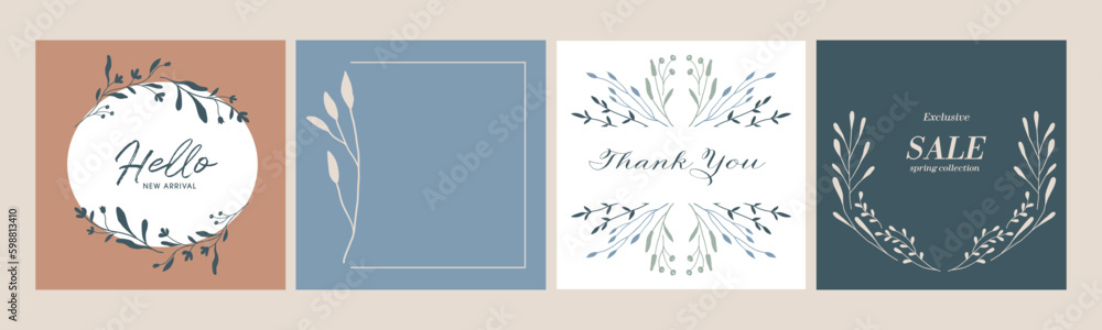 Set of 4 flower and leaf frame decoration for social media template Set of 4 flower and leaf frame decoration for social media template