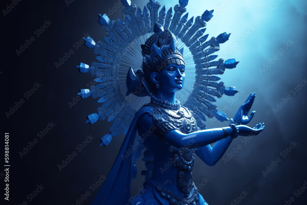 Culture and religious concept. God Krishna sculpture. Blue colored. Copy space. generative AI - obrazy, fototapety, plakaty 