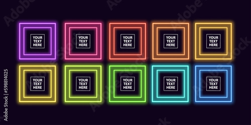 Neon Light Frame Square . A collection of square neon borders featuring a dual outline. Geometric shape with copy spaces. Purple, Violet, Pink, Red, Orange, Yellow, Green, Blue colors. Vector
