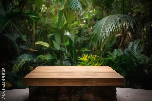 palm wooden podium color space design green up mock platform leaf. Generative AI. Generative AI