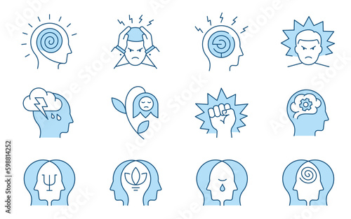 Mental health icons, such as stress, anxiety, therapy, panic attack and more. Vector illustration isolated on white. Editable stroke.