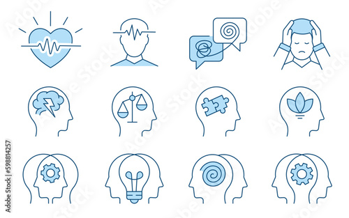 Mental health icons, such as psychology, anxiety, therapy, panic attack and more. Vector illustration isolated on white. Editable stroke. Change to any size and any colour.