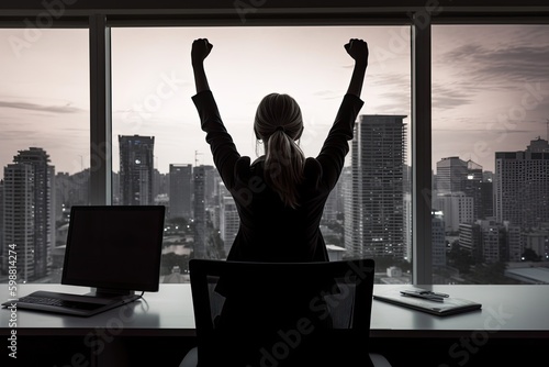 Rear view of a female executive in her office celebrating success with her arms raised. Generative AI