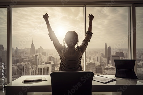 Rear view of a female executive in her office celebrating success with her arms raised. Generative AI