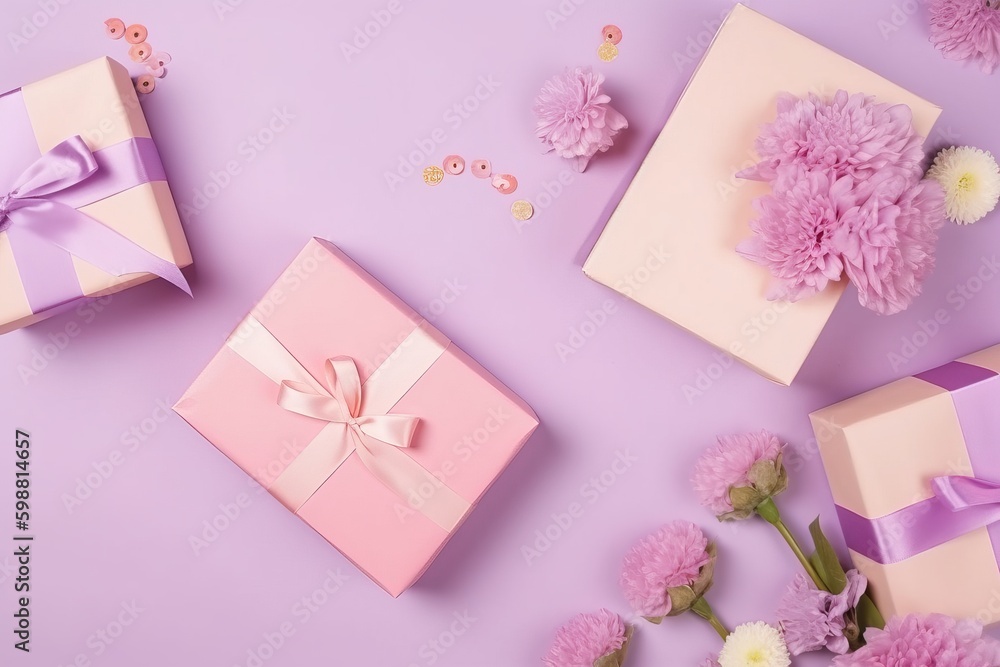 Happy Mother's Day concept. Top view flat lay of pretty pink present boxes with ribbon, carnation flowers, pink paper hearts, postcard on a soft pastel violet background with space for text or advert