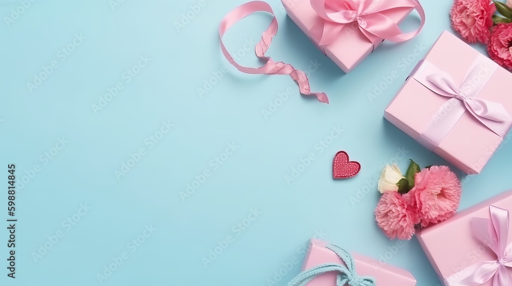 Mother's Day memories concept. Top view flat lay photo of gift boxes with pink ribbons, carnation flowers, and pink paper hearts on pastel blue background with empty space for text or advert