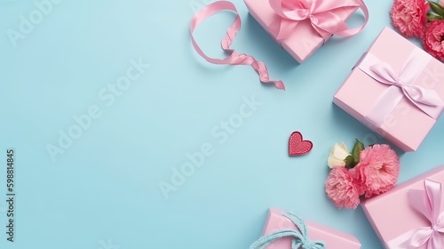 Mother's Day memories concept. Top view flat lay photo of gift boxes with pink ribbons, carnation flowers, and pink paper hearts on pastel blue background with empty space for text or advert © Ameer