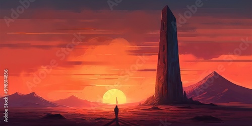 sunrise over the giant desert monolith