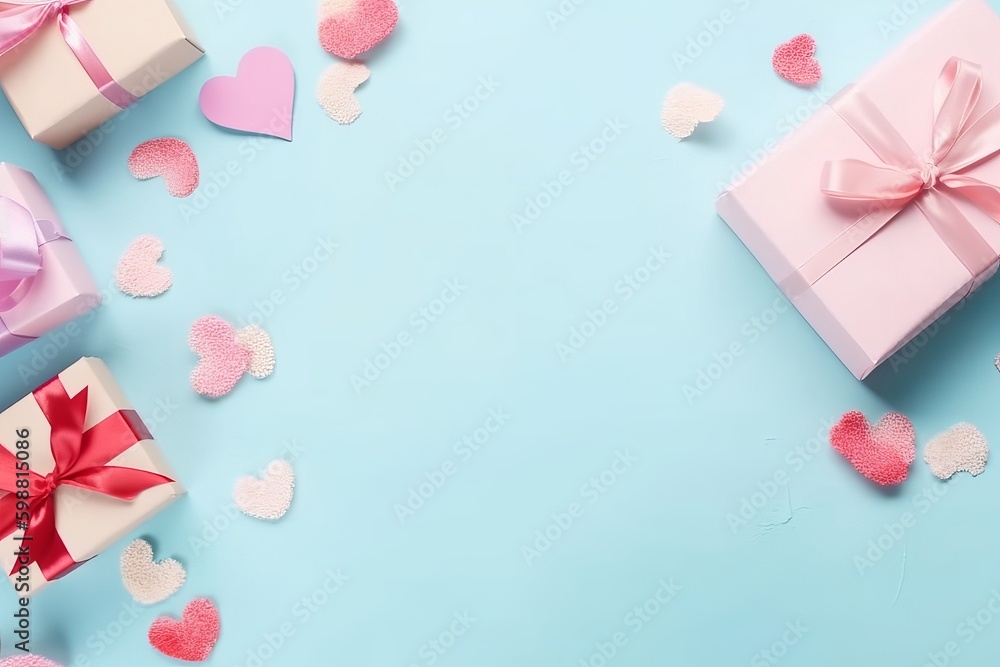 Mother's Day concept. Top view flat lay photo of gift boxes with pink ribbons, carnation flowers, and pink paper hearts on pastel blue background with empty space for text or advert, Generative AI