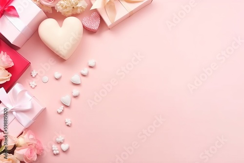 Mother's Day decorations concept. Top view photo of stylish gift boxes with ribbon bows white and pink roses small hearts and sprinkles on isolated pastel pink background with copy space in the middle