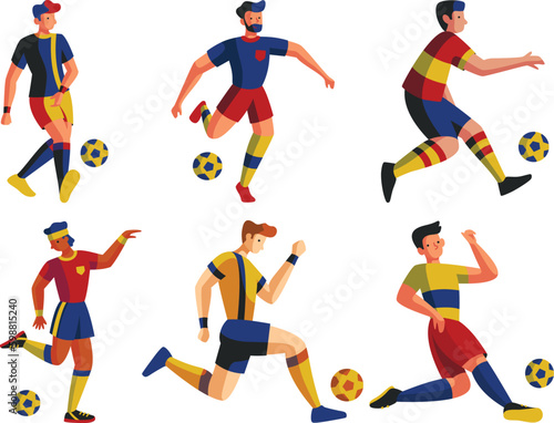 Soccer player set. Cartoon soccer players in action and motion. Vector illustration