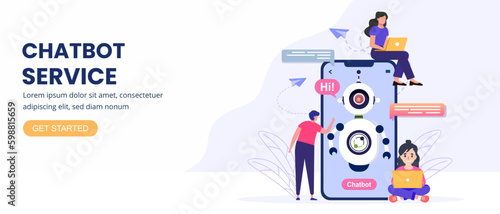 People talking with chatbot robot in smartphone app. concept of AI chatbot assistance and FAQ Horizontal business banner template