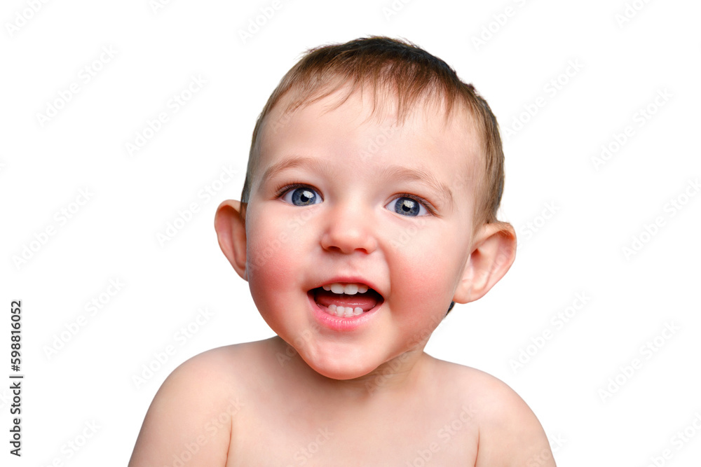 Happy toddler baby boy, studio white background. Portrait of a cute smiling child, close-up. Kid aged one year and two months Happy toddler baby boy, studio white background. Portrait of a cute smiling child, close-up. Kid aged one year and two months