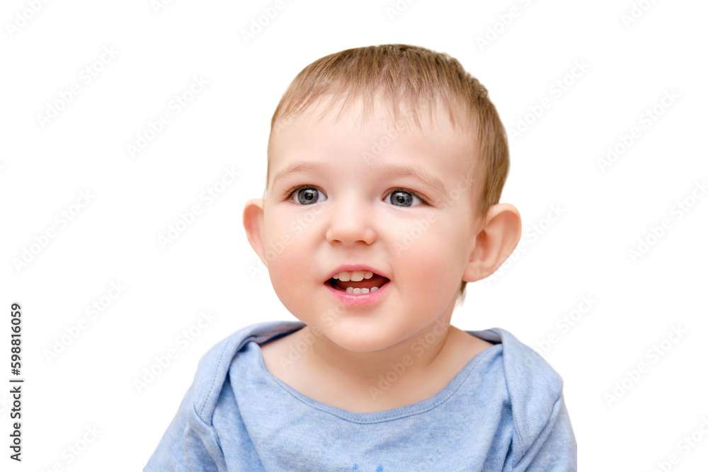 Happy toddler baby boy, isolated on a white background. Portrait of a cute smiling child, close-up. Kid aged one year and two months Happy toddler baby boy, isolated on a white background. Portrait of a cute smiling child, close-up. Kid aged one year and two months