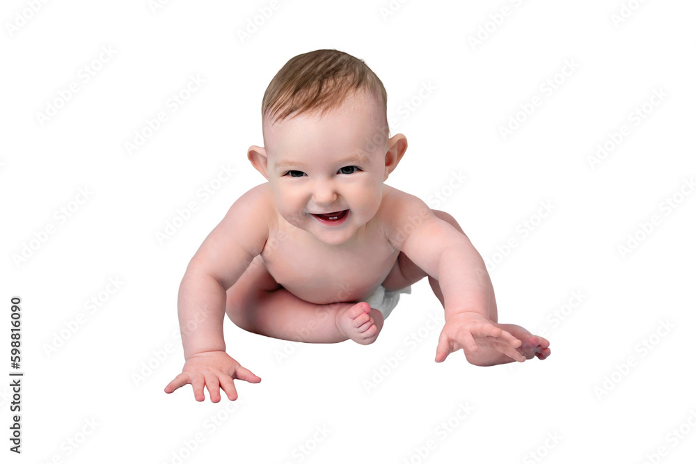 Happy toddler baby plays laughing, isolated on a white background. Funny child boy at the age of six months sits and smiling, copy space Happy toddler baby plays laughing, isolated on a white background. Funny child boy at the age of six months sits and smiling, copy space