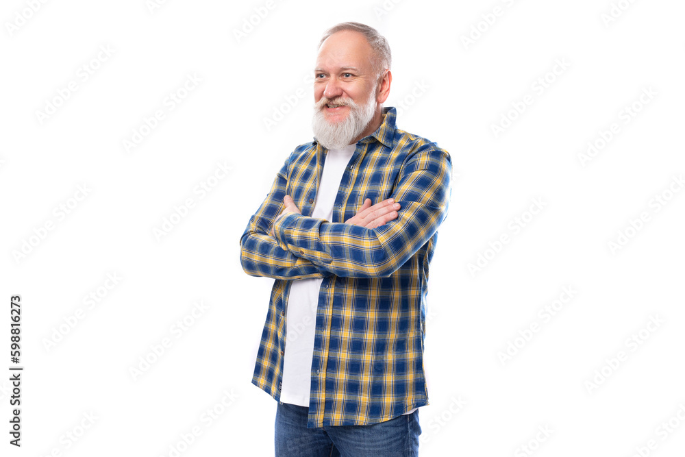 50s mid-aged gray-haired man with a beard in a shirt on a white background 50s mid-aged gray-haired man with a beard in a shirt on a white background