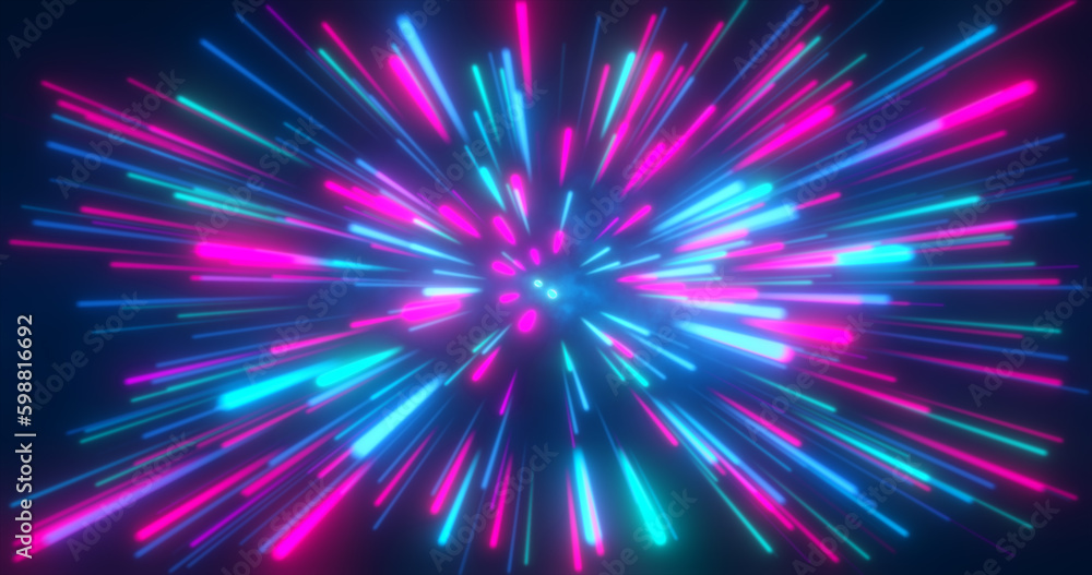 Abstract tunnel of multicolored blue purple glowing bright neon laser energy beams lines abstract background