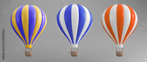 3d isolated hoy air balloon basket travel illustration on transparent background. Realistic aerostat set in red, blue and yellow stripe for adventure and recreation. Summer ballooning leisure journey