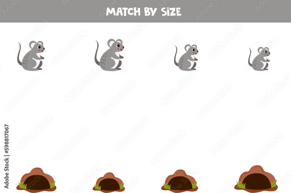 Matching game for preschool kids. Match mice and burrows by size.