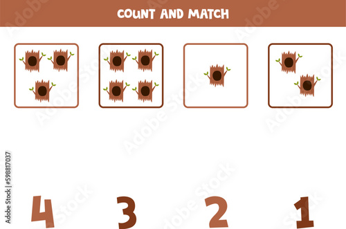 Counting game for kids. Count all tree hollows and match with numbers. Worksheet for children.