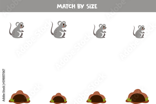 Matching game for preschool kids. Match mice and burrows by size.