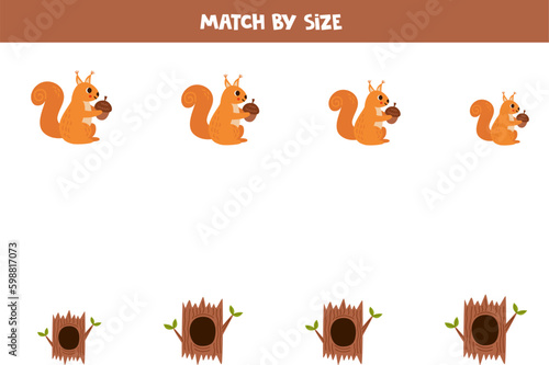 Matching game for preschool kids. Match squirrels and tree hollows by size.
