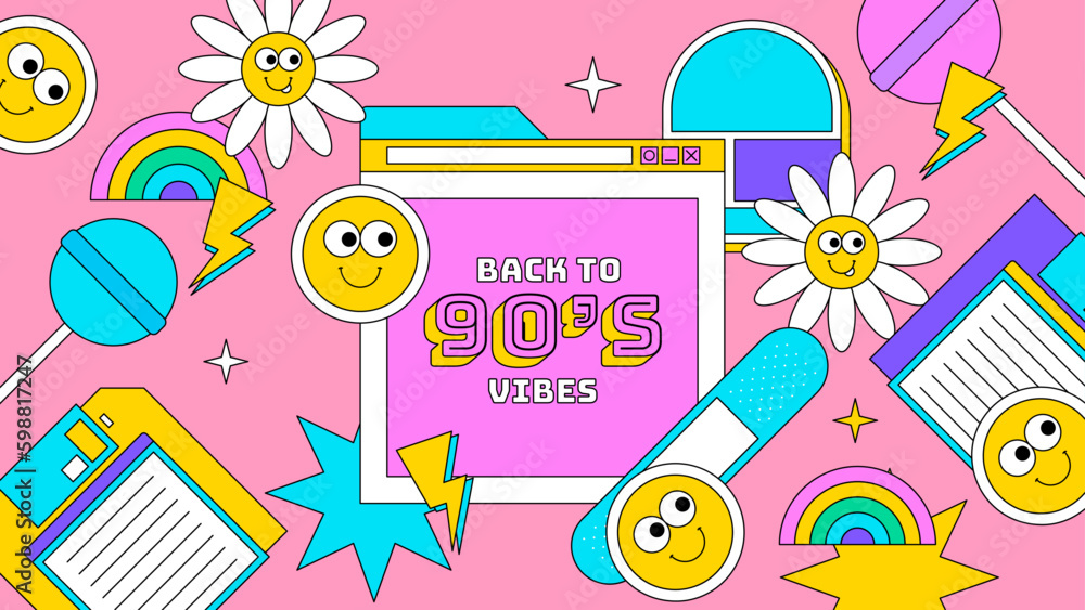 vector hand drawn flat nostalgic 90's horizontal banners set vector hand drawn flat nostalgic 90's horizontal banners set