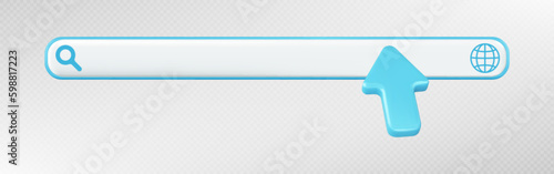 3d render search site bar with arrow cursor vector website element. Blank frame url box design ui label template. Internet symbol to browse on white and blue field isolated on transparent background.