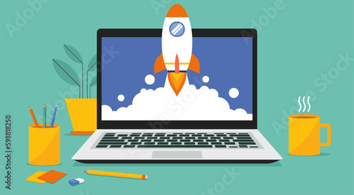 Rocket coming out of laptop computer screen for business startup launch concept on top of office desk, vector flat illustration