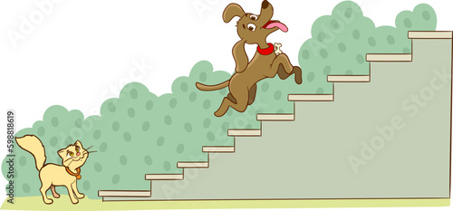 cat and dog climbing stairs cartoon vector