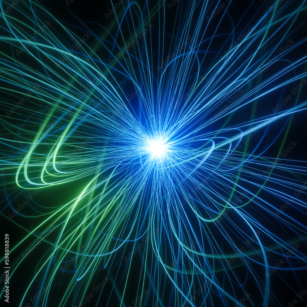 Abstract visualization of blue and green glowing orb with long curly flares, science fiction concept, neuron cell or synapse, atomic or particles research background Abstract visualization of blue and green glowing orb with long curly flares, science fiction concept, neuron cell or synapse, atomic or particles research background
