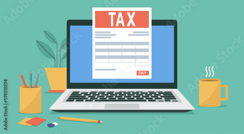 online tax payment concept on laptop computer with electronic receipt or invoice paper document, vector flat illustration