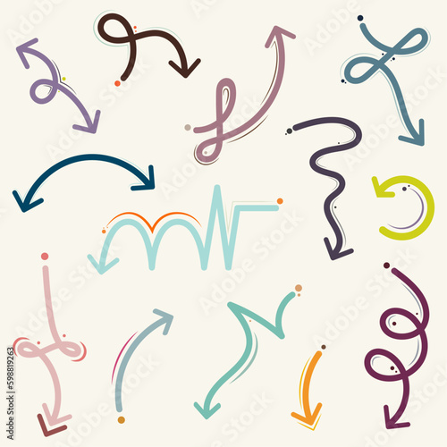Hand drawn squiggly doodle lined arrows and accent set vector graphics