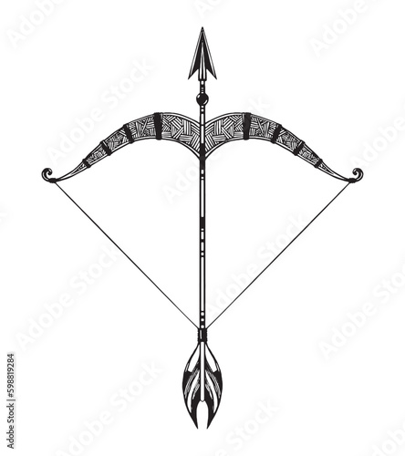 Bow and arrow, Sagittarius zodiac sign, vintage sport weapon, stylized hand drawing, boho tattoo, engraving, vector illustration isolated on white background. Decorative historical element.