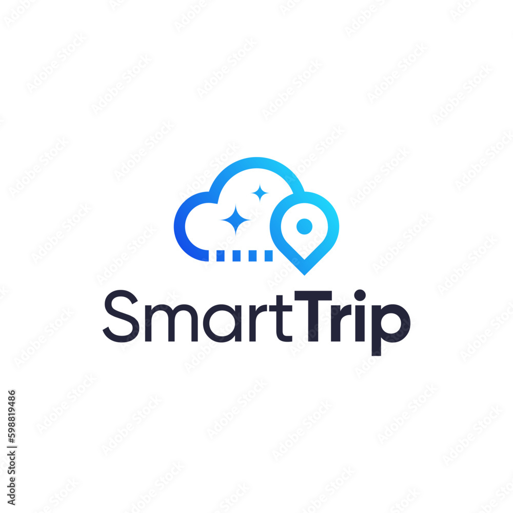 Modern logo combination of cloud, stars and moving location pin. This logo is perfect for a travel company. Modern logo combination of cloud, stars and moving location pin. This logo is perfect for a travel company.