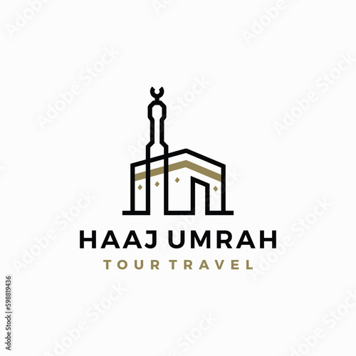 Masjidil Haram Kaaba Hajj Umrah Tour Travel Outline Logo Vector Icon Illustration