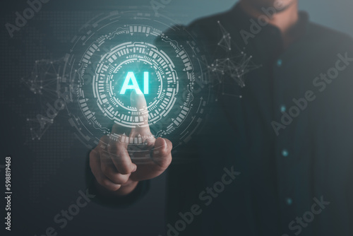 Digital information technology concept. Businessman touching artificial intelligence icon. Chatbot and AI concept.