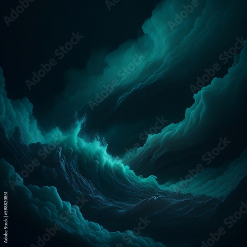 Fog texture. Colored haze. A mixture of colors and water. Mysterious stormy sky. emerald and black glowing fog cloud wave abstract art background with free space.