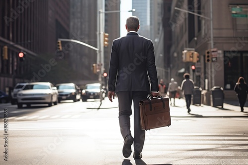 businessman with a suitcase walking on the city