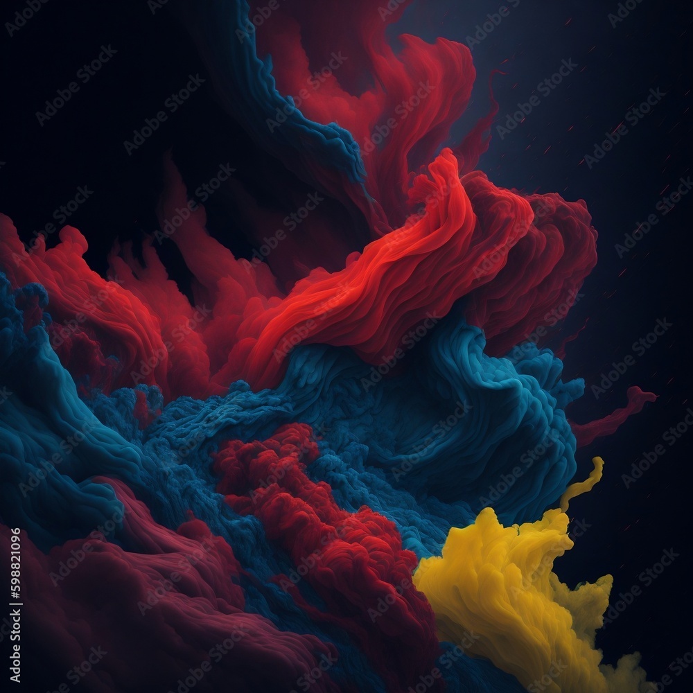 Obraz premium Fog texture. Colored haze. A mixture of colors and water. Mysterious stormy sky. Red and black and yellow and blue and green neon fog cloud wave abstract art background with free space.