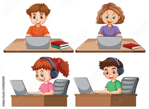 Set of children using laptop