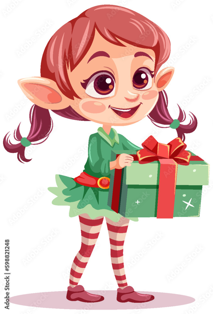 Elf girl cartoon Christmas character holding gift Elf girl cartoon Christmas character holding gift