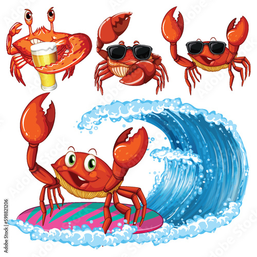 Set of sea creatures cartoon character in summer