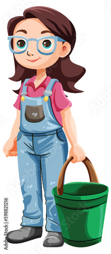 Cute gardener cartoon character with bucket