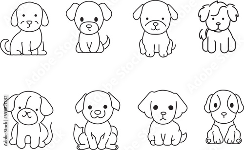 Set of Cute puppies Line art vector 