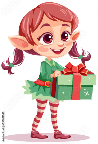 Elf girl cartoon Christmas character holding gift